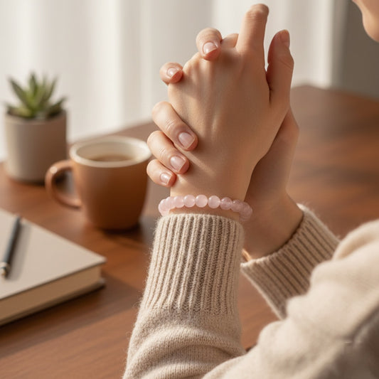 Hands clasped on wooden table wearing pink beaded bracelet, cozy sweater, with coffee and notebook nearby