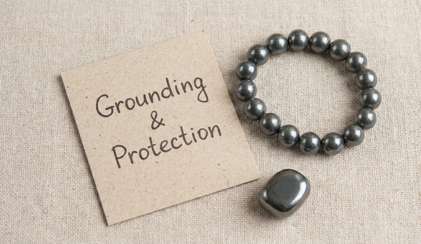 Hematite bracelet and stone next to a paper note reading Grounding & Protection on beige fabric