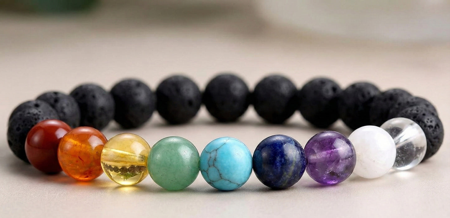 Multicolored chakra bead bracelet with black lava stone beads on beige surface