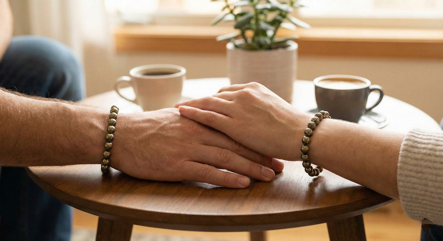 Couple holding hands on wooden table with matching beaded bracelets and coffee cups