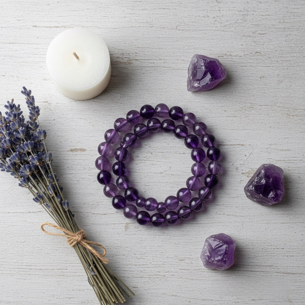 Lavender bouquet, white candle, amethyst beads bracelet, and raw amethyst crystals on wooden background