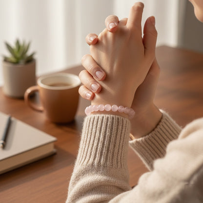 Hands clasped on wooden table wearing pink beaded bracelet, cozy sweater, with coffee and notebook nearby