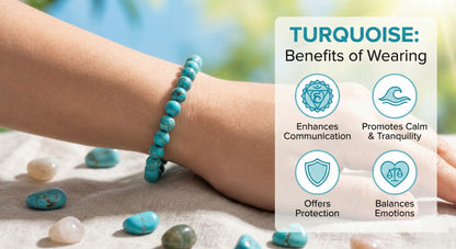 Turquoise beaded bracelet on wrist with benefits: enhances communication, calm, protection, balances emotions