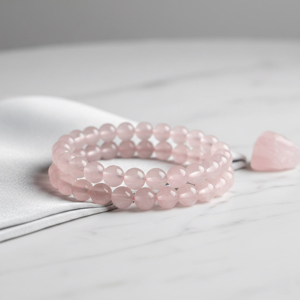 Rose quartz bead bracelet with heart charm on white fabric and marble surface