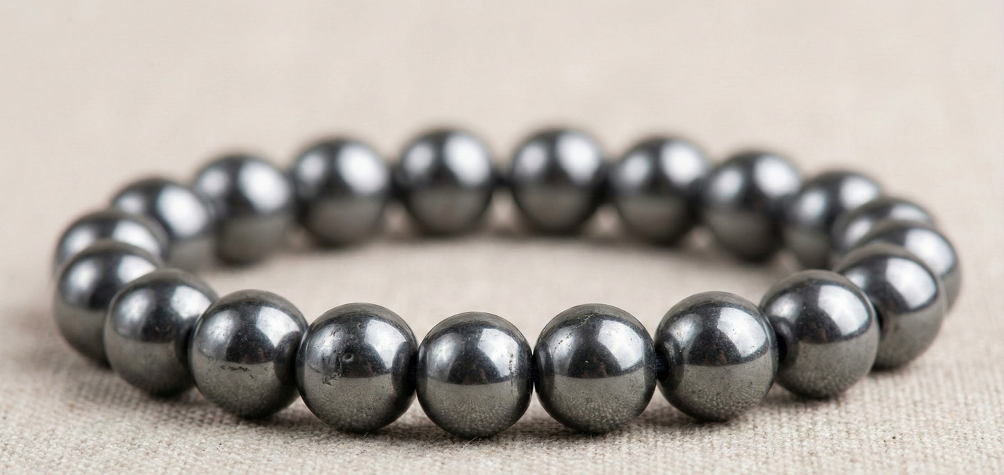 Close-up of a shiny metallic hematite bead bracelet on beige fabric background