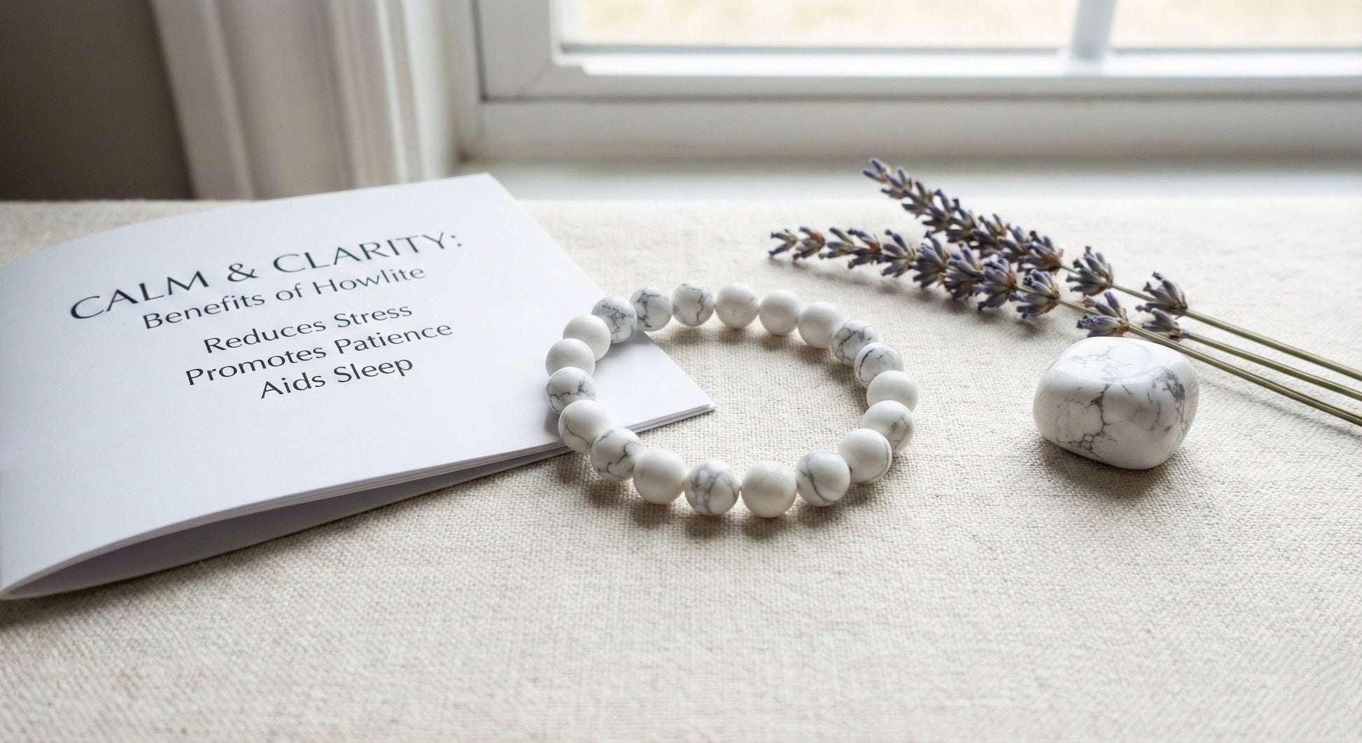 Howlite bracelet and stone beside lavender and booklet listing benefits like reducing stress and aiding sleep