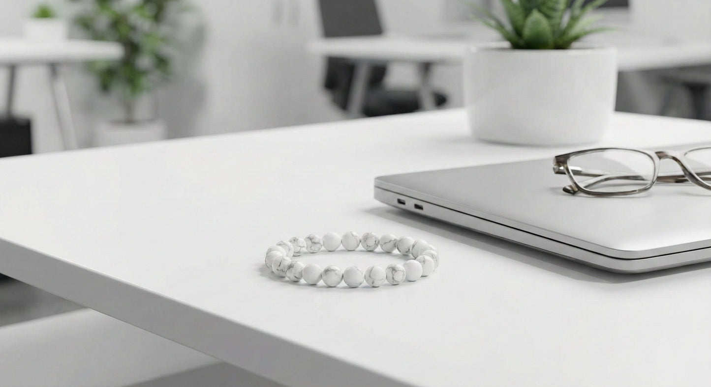 White marble bead bracelet on white office desk beside closed laptop and eyeglasses