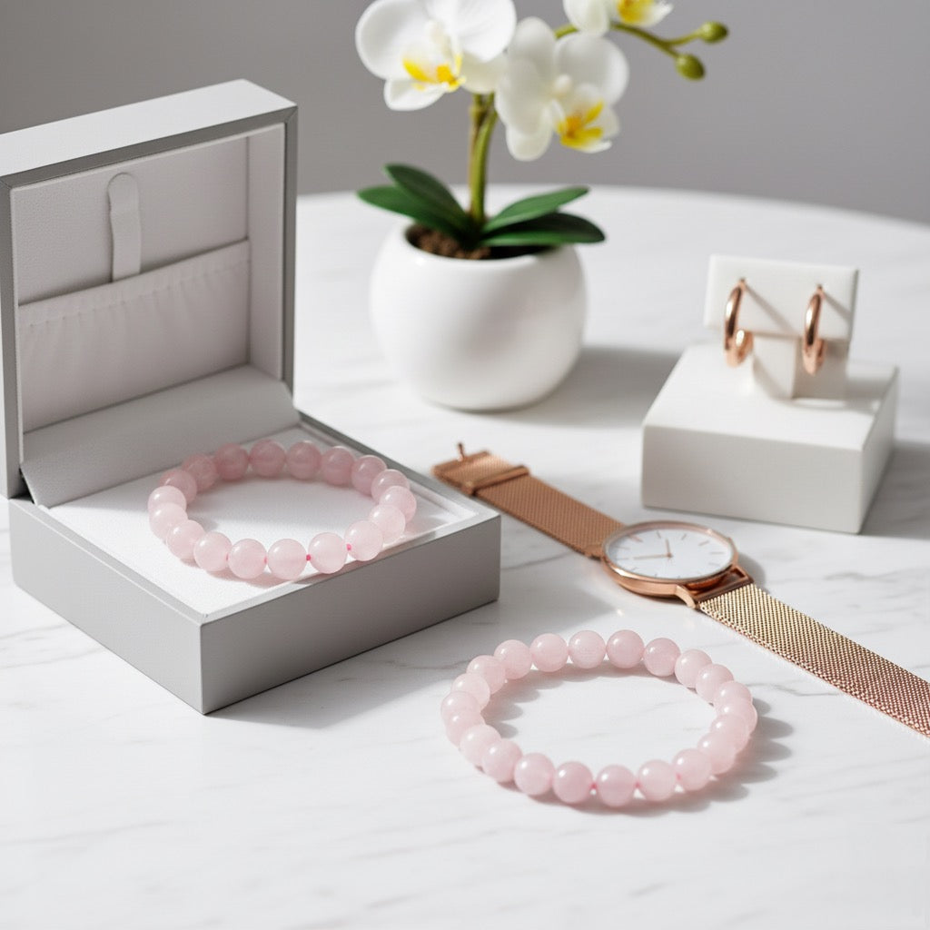Rose quartz bead bracelets with rose gold watch and hoop earrings on white marble table with white orchid