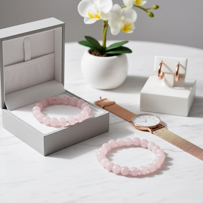Rose quartz bead bracelets with rose gold watch and hoop earrings on white marble table with white orchid