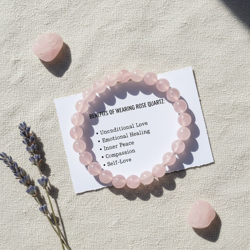 Pink rose quartz bracelet on white card listing benefits with lavender sprigs and quartz stones