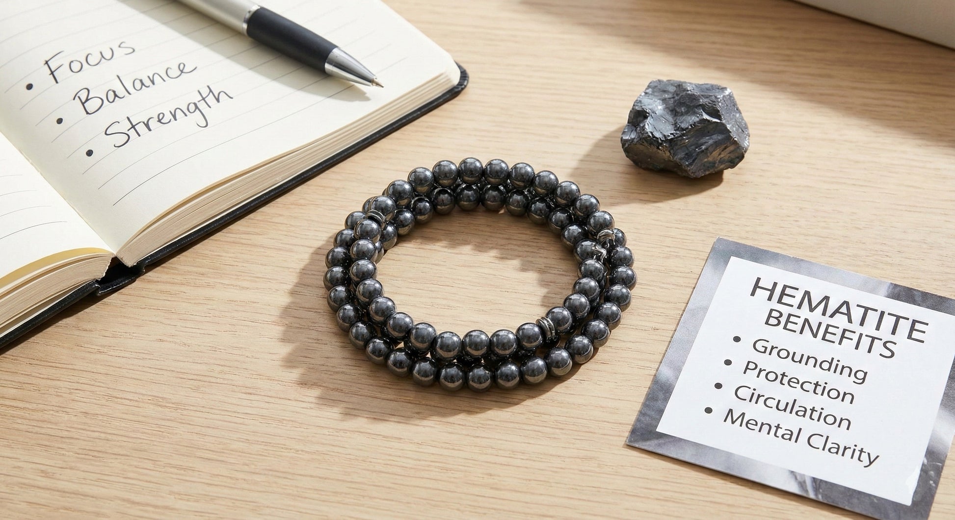 Hematite bracelet with raw stone, notebook with focus notes, and hematite benefits card on wooden table