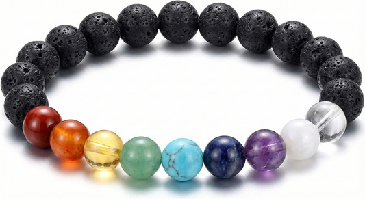 Black lava stone bracelet with multicolor chakra healing gemstone beads