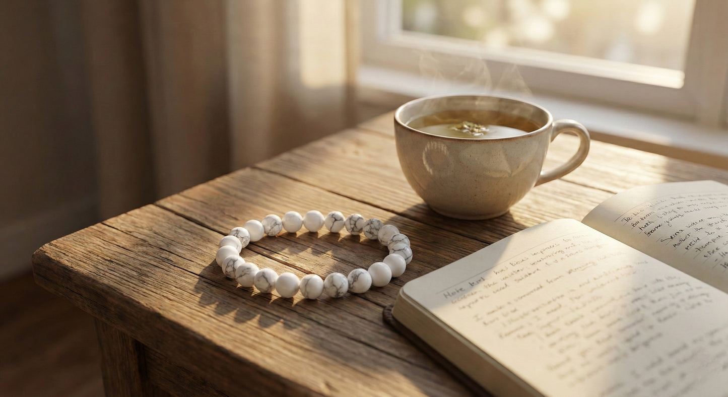 White marble bead bracelet, steaming cup of tea, and open notebook on rustic wooden table