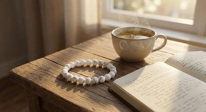 White marble bead bracelet, steaming cup of tea, and open notebook on rustic wooden table