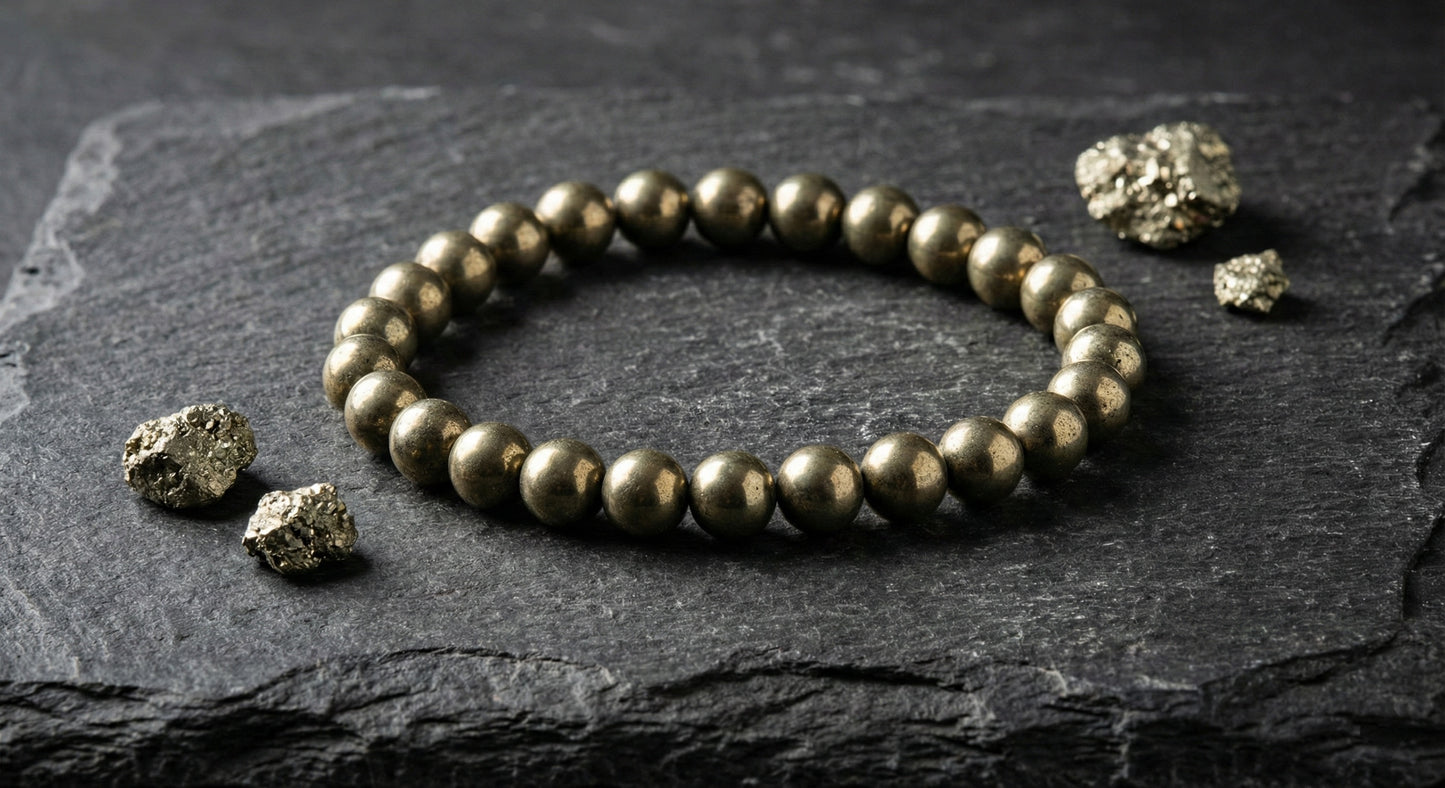Pyrite beaded bracelet on dark stone surface with raw pyrite mineral chunks