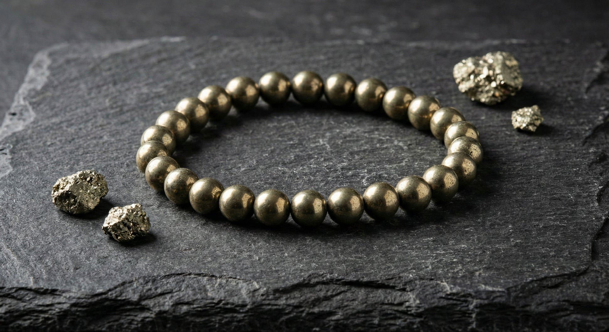 Pyrite beaded bracelet on dark stone surface with raw pyrite mineral chunks