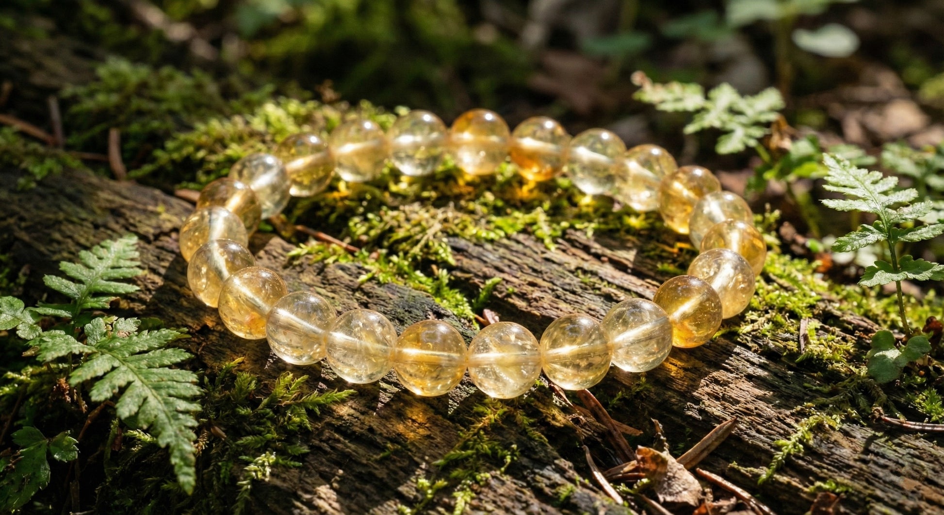 Citrine gemstone bracelet on mossy log in natural forest setting with sunlight