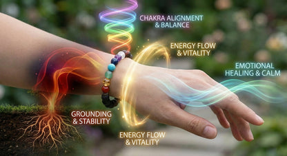 Hand wearing chakra bracelet with glowing energy flows representing grounding, chakra balance, vitality, and emotional healing