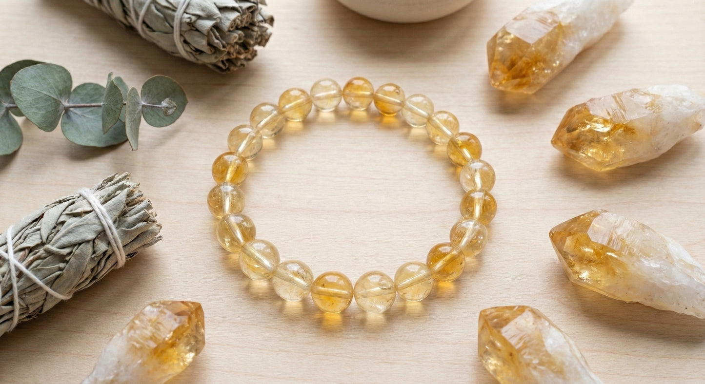 Citrine crystal bracelet surrounded by citrine points, sage bundles, and eucalyptus leaves on wood