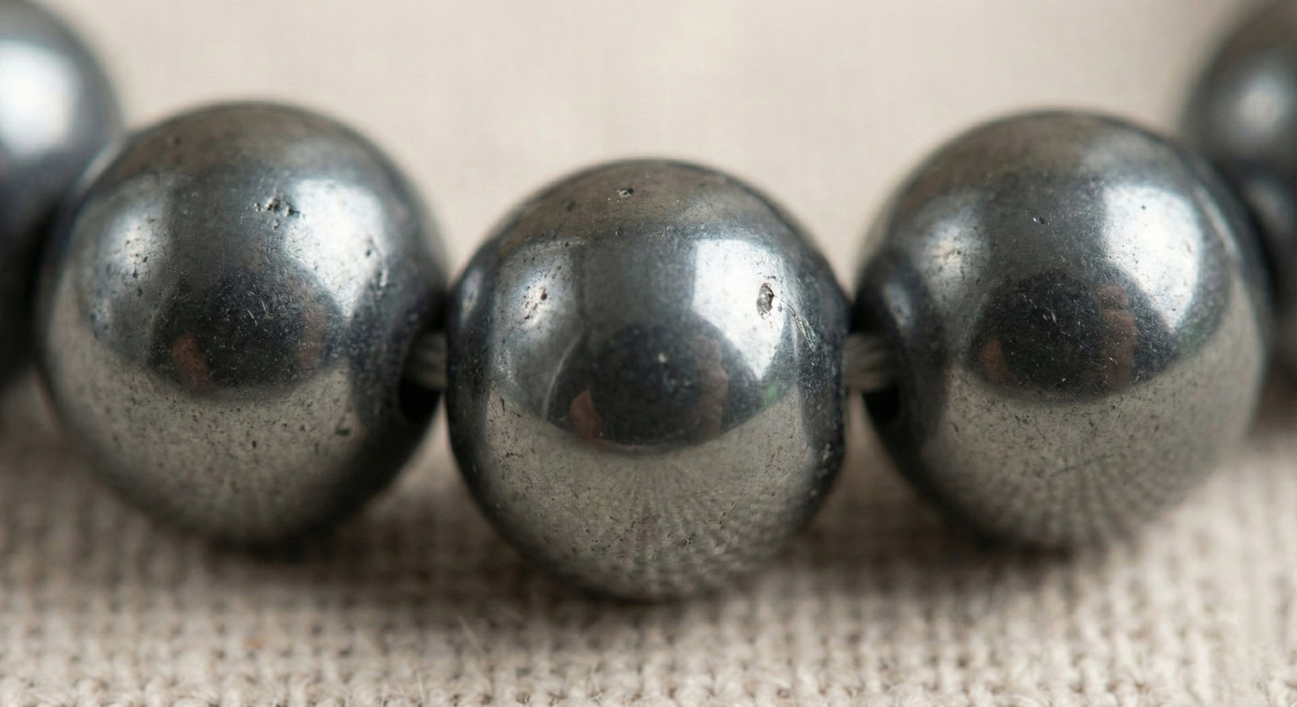 Close-up of a hematite bead necklace with metallic textured surface on woven fabric