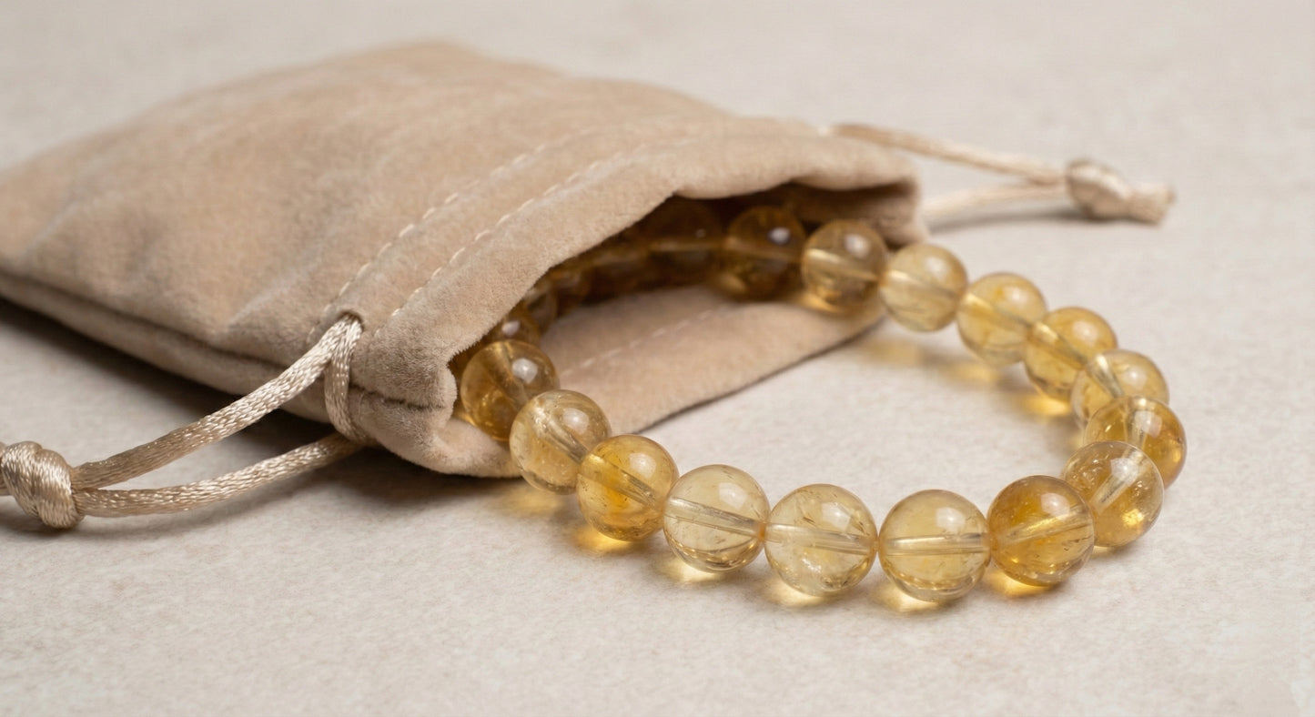 Yellow citrine beaded bracelet partially inside beige suede drawstring pouch on light surface