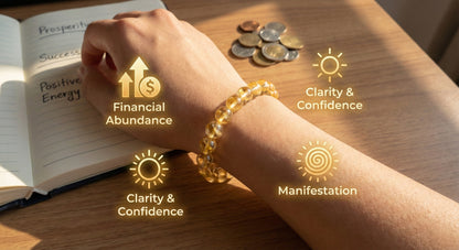 Hand wearing yellow crystal bracelet on wooden table with coins, notebook, and text about financial abundance and clarity