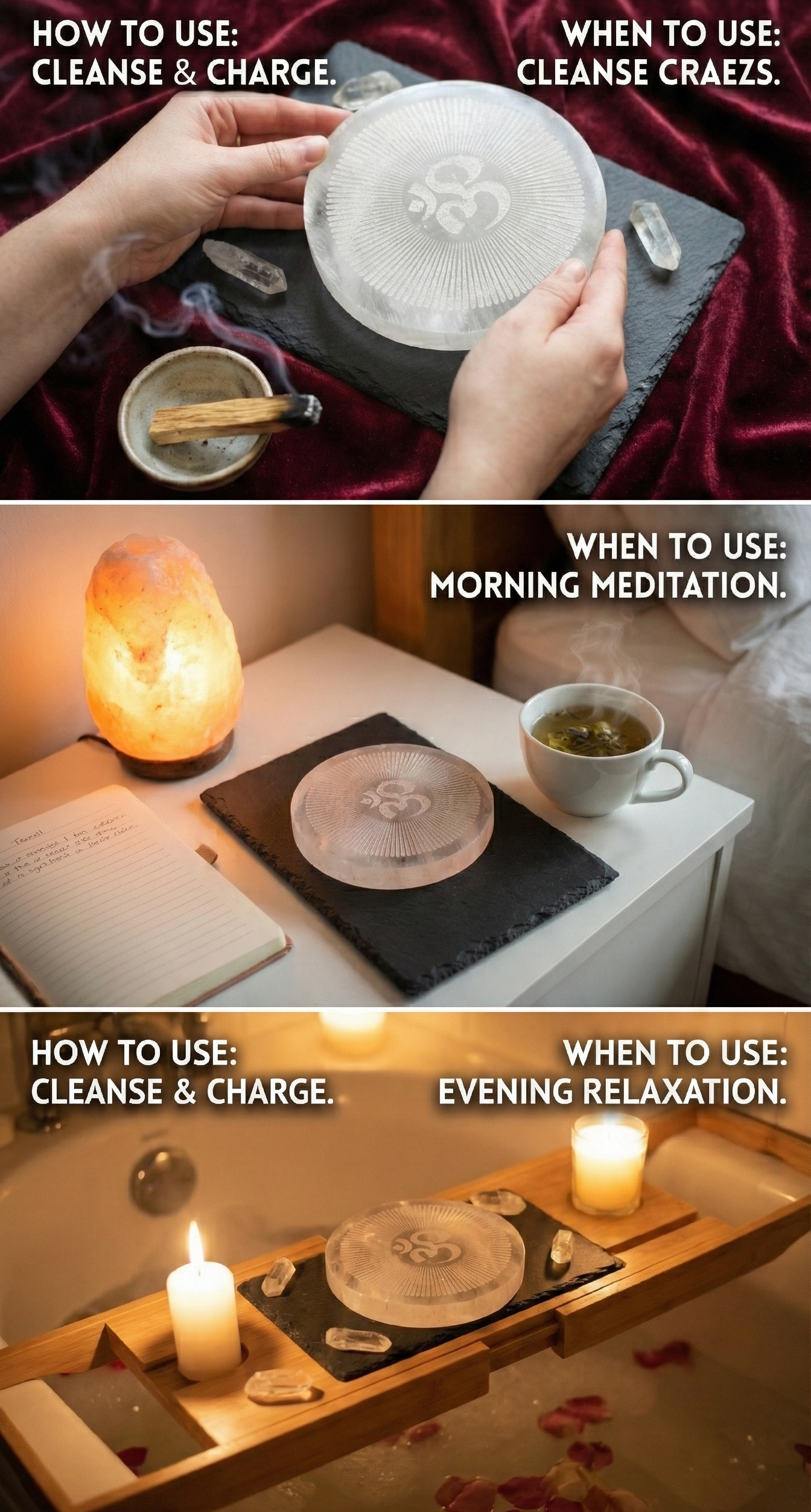 Om Engraved Selenite Charging Plate.