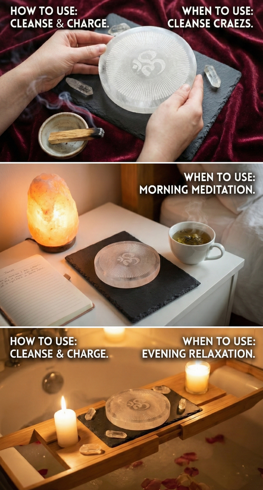 Om Engraved Selenite Charging Plate.