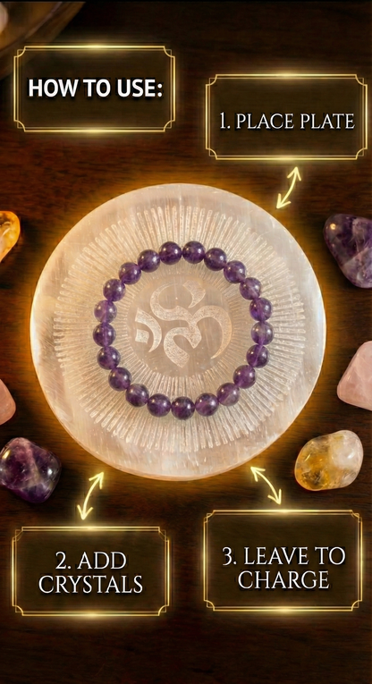Om Engraved Selenite Charging Plate.