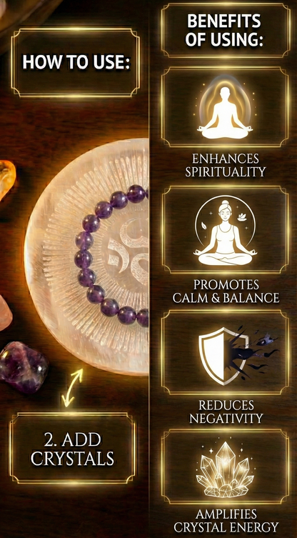 Om Engraved Selenite Charging Plate.