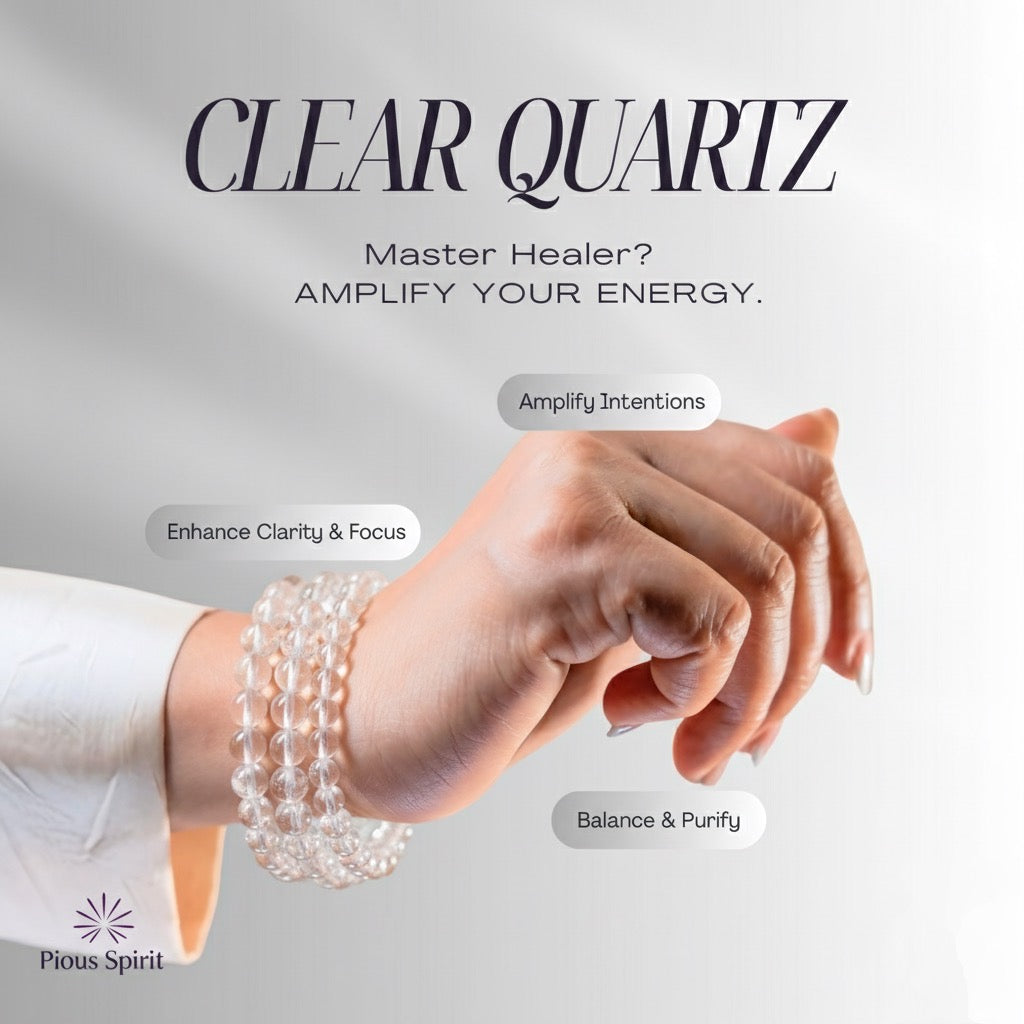 Hand wearing clear quartz beaded bracelets with text about healing and energy amplification