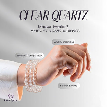 Hand wearing clear quartz beaded bracelets with text about healing and energy amplification