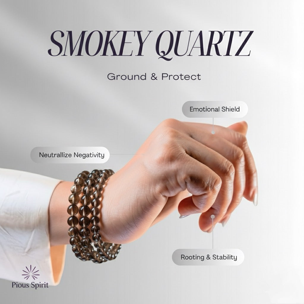 Hand wearing smokey quartz beaded bracelets symbolizing grounding, protection, and emotional stability