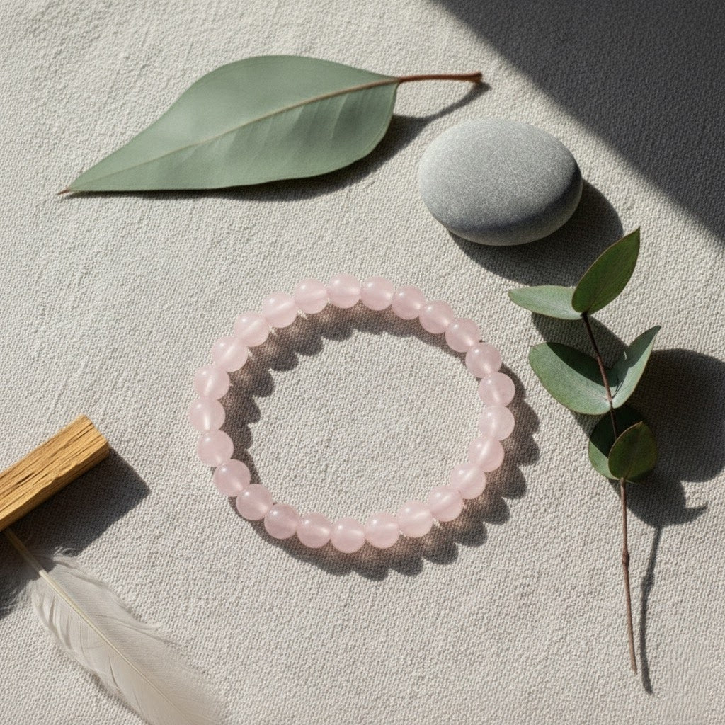 Pink rose quartz beaded bracelet with eucalyptus leaves, smooth gray stone, and wooden incense holder on textured fabric