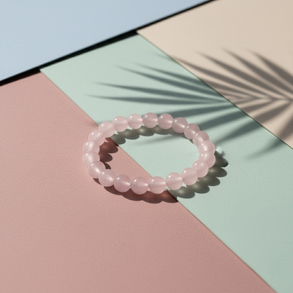 Round pink beaded bracelet on pastel color blocks with palm leaf shadow