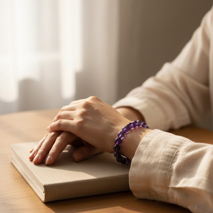 Close-up of hands resting on a closed book with a purple beaded bracelet in soft natural light