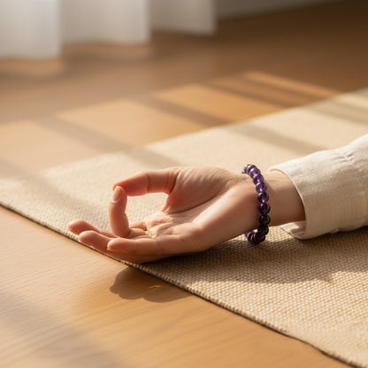 Hand in meditation mudra wearing purple beaded bracelet resting on yoga mat in sunlit room