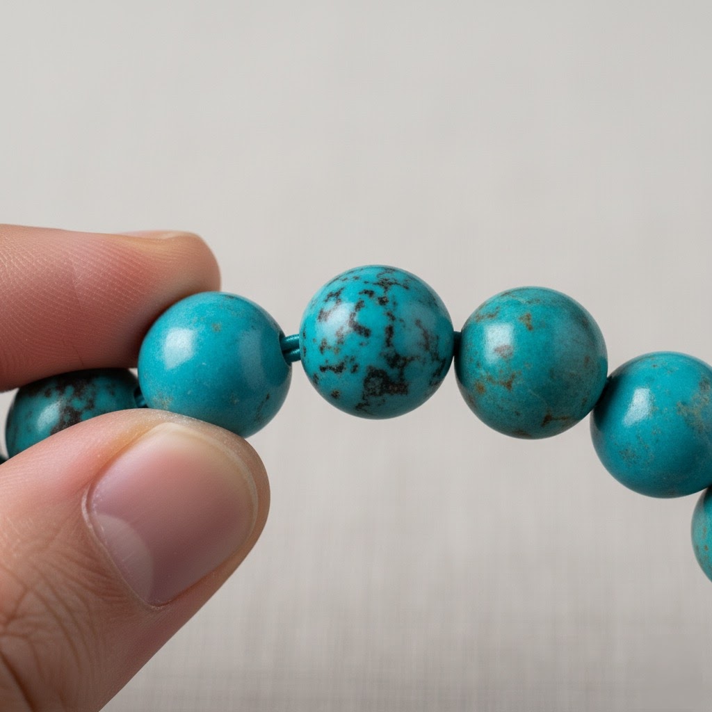 Close-up of hand holding turquoise gemstone beads with black veining on a light background