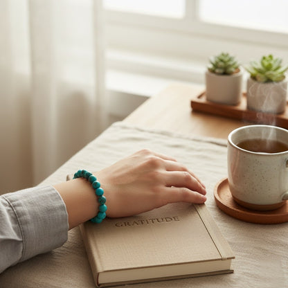 Hand with turquoise bracelet resting on beige gratitude journal beside steaming cup of tea and small succulents
