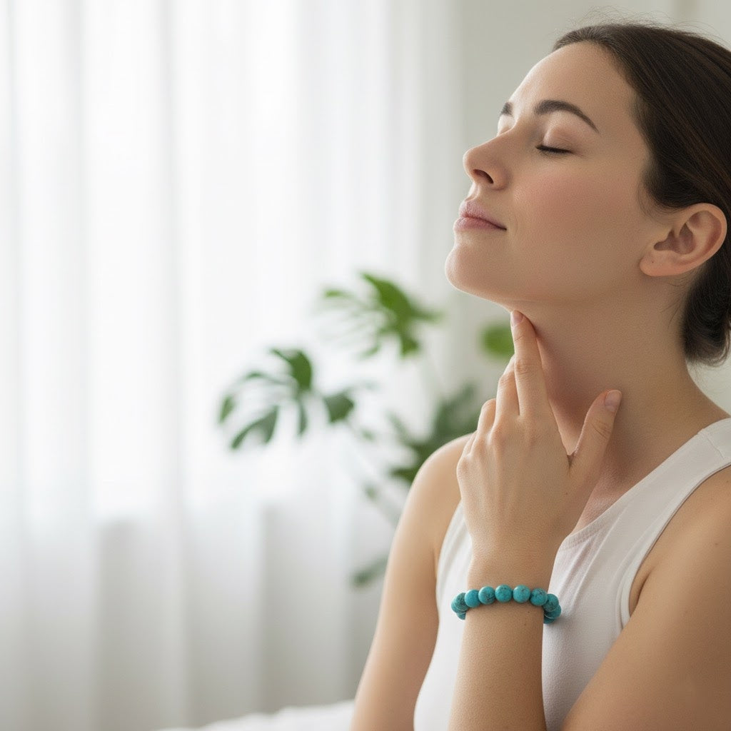 Young woman with closed eyes practicing mindfulness and wearing turquoise bead bracelet indoors